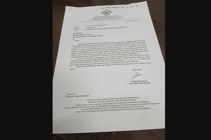 Foto berita: Terkait ASN Tidak Aktif, BPK Perwakilan Papteng 3 Kali Surati Pemda Nabire